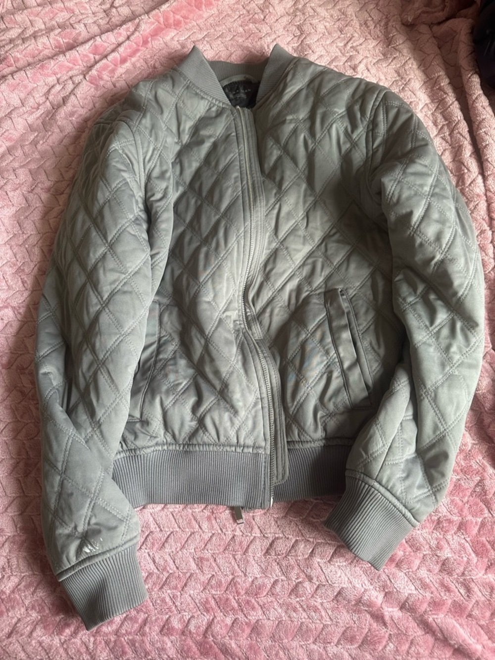 Zara Quilted Bomber Jacket in Light Gray